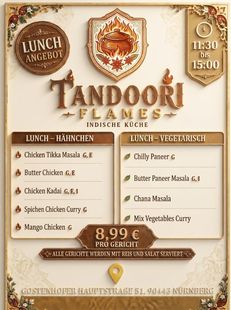 Tandoori Flames Lunch Menu Angebot